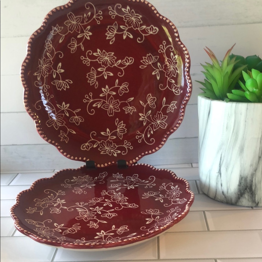 Decorative burgundy Scalloped Floral Ceramic Serving Plates - Set of 2